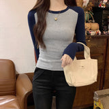 2026 Autumn New Threaded Knitted T-Shirt Women's Design Sense Splicing Short-Sleeved Bottom Shirt Tide