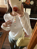 POLO Collar Long Sleeve Texture Woman Autumn New Bottom To Take Waist Folded Wood Ear Button T-Shirt