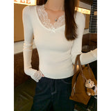 White Lace Splicing Long-Sleeved T-Shirt Girl 2026 Autumn Bow Pure Babes Slimming Bottom Top