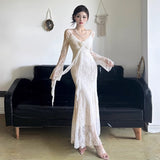 2025 French Three-Dimensional Flowers With Long-Sleeved Dress Dress Women Pure Lust Lace To The Waist Of Thin Fish Tail Long Dress