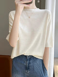 Half-High Collar Fashion Knitted Five-Sleeve Top Lady Summer Thin Flower Solid Color T-Shirt Loose Bottom