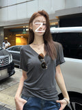 Short-Sleeved Women Summer Half-Sleeved Solid Dress Basic Sample Coat V Collar Loose Thin Shoulder T-Shirt Girl