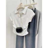 Design Feel Waist Polo Collar Front Shoulder Short-Sleeved Women's Top Summer Hottie V Collar Slimy T-Shirt