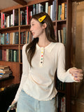 POLO Collar Long Sleeve Texture Woman Autumn New Bottom To Take Waist Folded Wood Ear Button T-Shirt