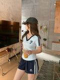 Lace Spliced Blue V-Neck Shoulder Short-Sleeved T-Shirt Women 2026 Summer New Design With Pure Lustful Chic Top