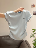 Embroidery Folded Card Waist Thin Round Collar Short Sleeves Of Front-Sleeved Women's T-Shirt Summer Bow Design Sense Of Small Sweet Spicy Top