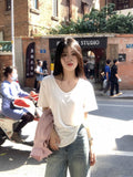 U-Necked T-Shirt Women's Short-Sleeved White Shoulder Summer 2026 Big Necktip Loose Thin Inner Solid Color Top Thromy Shirt
