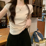Positive Shoulder Collar Short Sleeve T-Shirt Design Feel Waist Thin Curved Under Hem Short Flying Sleeve Repair Body Coat