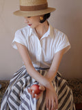 Vintage French Short-Sleeved Shirt Niche Design Feel Waist-To-Creek White Top Women's Summer