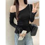 Pure Cotton Oblique Shoulder Collar Long-Sleeved T-Shirt Girl Early Autumn Sweet Hot Girl Folded Waist Short Hidden Blue White Top
