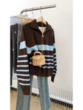 Striped Half-Zip Collared Large-Size Sweater Coat Women's Autumn And Winter 2025 New Lazy Wind Plus Thick Knitted Shirt