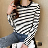 Pure Cotton Shoulder Long-Sleeved T-Shirt Women 2025 Spring And Autumn New Loose Striped Bottom Shirt Inside The T-Shirt Bloat