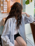 Korean Bow Print Blue Vertical Striped Shirt Women's Autumn Chic Lazy Long-Sleeved Coat Thin