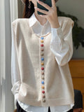 French Retro Buckle Round-Neck Knitted Vest Cardigan Women's Sleeveless Vest Sweater 2025 Autumn Folded Top