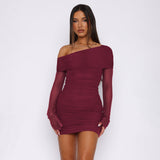 New Autumn Hot Slanted Shoulder Net Folded Long-Sleeved Dress Body Slimy Sexy Bag-Butty Dress Girl