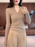 High-Level Sense V Collar Knitted Shirt Women's Bottom Shirt Autumn And Winter New Large-Size Fat Mm Slim Slim Thin Belly Top