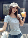 Pure Lust Lace Low Round Neck T-Shirt Women 2026 Summer New Collar Button Repair Bottom Shirt Top
