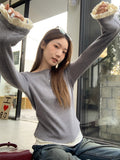 Beautiful Fake Two Lace Splicing Hem Long-Sleeved T-Shirt Girl Spring Folds To Pick Up Thin Inside The Top
