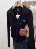 Pure Cotton Shoulder-To-Shoulder Collar Long-Sleeved T-Shirt For Women's Autumn And Winter Polo Collar Pure Desire To Collect Skinny Small Short-Sized Bottom Shirt