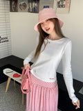 Korean Wearing White Children's Texture Round Collar Long-Sleeved T-Shirt Girl Spring Slimming Inside Embroidery Top