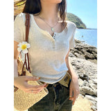 Small Tight Hottie Shoulder Short-Sleeved T-Shirt Girl Summer Simple Buckle Design Short Thin Clothes