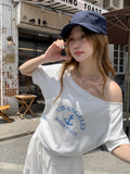 Spice Girl Striped Print Slanted Shoulder Short-Sleeved T-Shirt 2026 Summer New Loose Word Shoulder High-End Feel Top