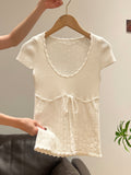 White Wooden Ear U Collar Collar Collar Collar Collar Collar Collar Short-Sleeved T-Shirt 2026 Spring New Bow High-End Feel Repair Body Dress Woman