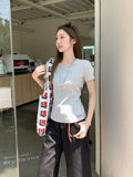 Round Neck Flower Gray Short-Sleeved Women Summer New Jahua Texture T-Shirt Niche Unique Letter Embroidery On The Shoulder Coat