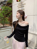 Korean Fake Two Lace One-Word Collar Design Long-Sleeved T-Shirt Girl Spring 2026 New Small Top