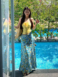 Set Of French Rope Smear Waistcoat Women Summer Blue Floral Half-Dress Two Sets Fresh And Sweet