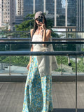 Set Of French Rope Smear Waistcoat Women Summer Blue Floral Half-Dress Two Sets Fresh And Sweet