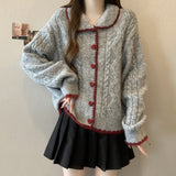 Large-Size Fat Mm Spring And Autumn Retro Love Buckle Lazy Doll Collared Sesame Sweater Women's Loose Knitwear Coat