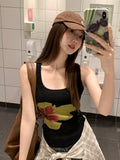Korean Fashion Watercolor Flowers U Tie Sling Vest Women Summer New Temperament Slim Design Blouse