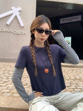 Design Fake Two Stripes Splicing Long-Sleeved T-Shirt Women 2026 Autumn Unique Bottoming Shirt Top