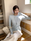 Blue Round Collar Shoulder Foundation Long-Sleeved Bottom Shirt Women 2026 Autumn Simple Set Slim Top