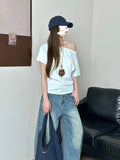 Pure Cotton Slant Shoulder Loose Word Collar Short-Sleeved T-Shirt Lazy Windy Shoulder Thin Set In The Spring Summer Blouse Woman