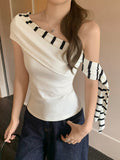 Korean Retro Black And White Striped Slanted Shoulder Short-Sleeved T-Shirt For Summer New 2026 Ribbon Spliced Knitted Small Top