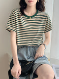Pure Cotton Short-Sleeved Horizontal Streak T-Shirt Women's Summer 2025 New Loose Half-Sleeved Sympathize Casual Bottoming Shoulder Coat