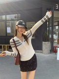 Spice Girls Striped Splicing POLO Collar Button Long-Sleeved Knitted Shirt Girl 2026 Autumn Repair In The Bottom Shirt Top