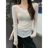 Solid Color Ice Silk Thin Sunscreen Blouse Long-Sleeved Top Girl Sweet Hottie V Sexy Slimming Knitting T-Shirt Summer