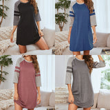 Spring And Summer Lady Home Dress Pyjamas Splicing Colliding With Color Strips Round Neck Short Sleeve Home Pajamas Woman