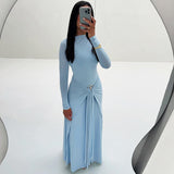 Autumn/Winter 2025 Solid-Colored Long-Sleeved Round-Neck Fashion Sexy Ribbon-Packed Hip Dress