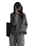 Vintage Gray Collar Knitted Sweater Cardigan Coat Women Autumn Winter Loose Lazy Wind Outside Wear Double Zipper High Collar