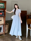 Korean Blue Polo Collar Short-Sleeved Dress Women's Summer Strapped Dress Design Feel Waist Swing Long Dress