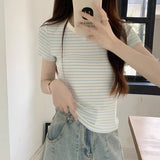 Blue And White Striped Shoulder Short-Sleeved T-Shirt Women's Summer Chic Repair Pure Cotton Basic Inside The T-Shirt