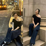 Design With A Sense Of Oblique Shoulder Short Sleeve Female Open Shoulder Short T-Shirt Summer Pure Hot Girl Loose Black Shoulder Clothes