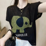 This Year's Popular Summer Thin Letter Small Elephant Short-Sleeved Ice Knitted Shirt Women Reduce The Age Of Loose Round Collar Blouse T-Shirt