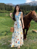 French Print Lotus Leaf Dress Women Summer Beautiful Seaside Holiday Hot Girls Unique Beautiful Waist Long Dress
