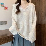 Large-Size French Lace Knitted Women's Autumn And Winter Fashion Soft-Creative Sweater Jersey V-Neck Loose Thin Top