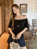 Korean Hot Diamond Willow Embroidered Slanted Shoulder Sleeves T-Shirt 2026 Summer New Unique Beautiful Word On The Shoulder